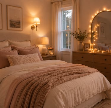 feminine bedroom lighting ideas with layered bedside lamp wall sconce and warm fairy lights