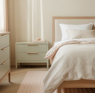 Minimalist bedroom with a sage green nightstand, wooden bed frame, and neutral linens on a patterned rug.