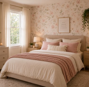 cute bedroom wallpaper ideas with peel and stick floral accent wall behind bed