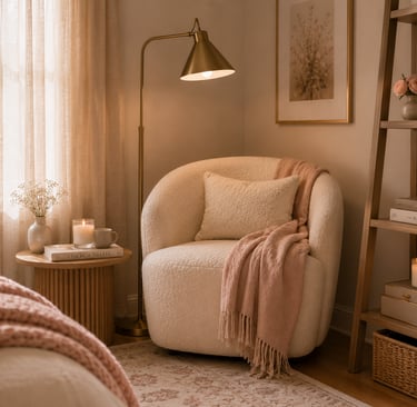 feminine bedroom reading corner with bouclé accent chair brass floor lamp and throw