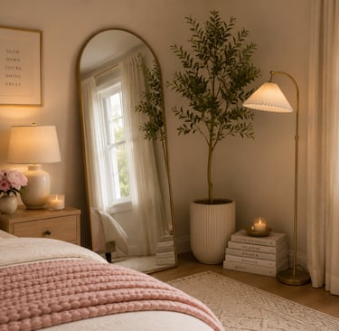 cute bedroom corner vignette ideas with floor mirror tall plant and warm lamp