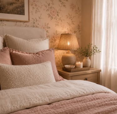 feminine bedroom texture ideas with bouclé velvet linen rattan and natural wood