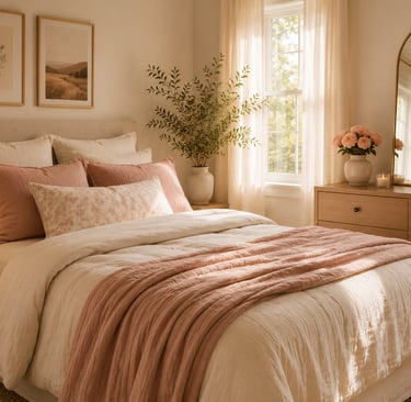 feminine bedroom ideas with ivory and dusty rose palette and natural linen bedding