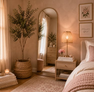 feminine bedroom corner vignette with tall plant floor mirror and rattan lamp