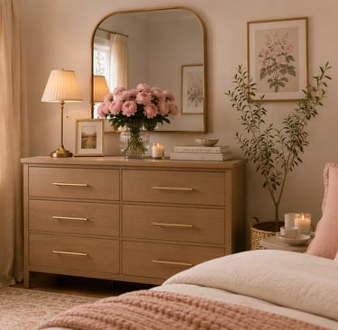 eminine bedroom gold accents with brushed gold hardware brass lamp and gold mirror frame