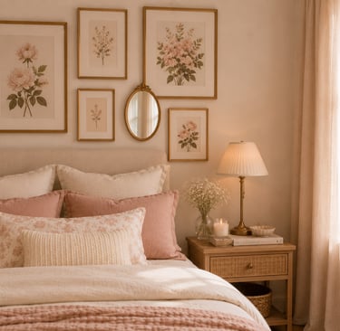 feminine bedroom wall art ideas with botanical gallery wall in gold frames