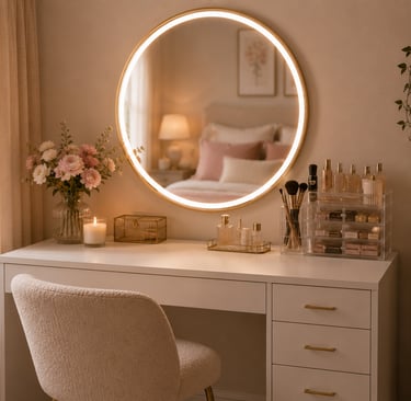 feminine bedroom vanity ideas with round mirror warm lighting and makeup organization