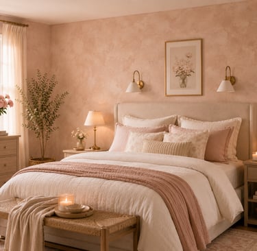 feminine bedroom limewash paint ideas with textured blush wall and natural light