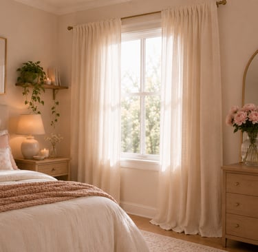 feminine bedroom curtain ideas with floor length ivory linen curtains hung high above window