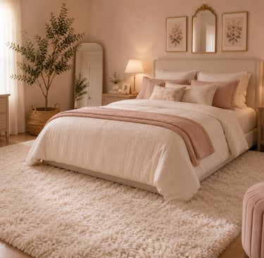 feminine bedroom rug ideas with large ivory plush rug anchoring the bed