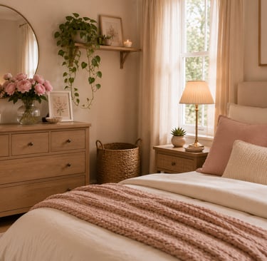 feminine bedroom plant ideas with peonies on dresser pothos on shelf and succulent on nightstand