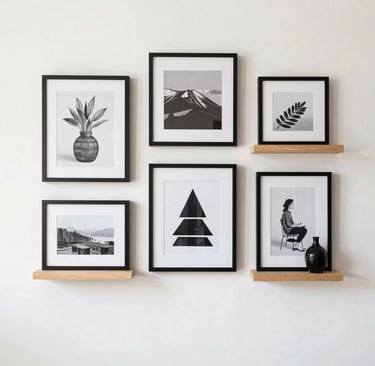 Wall decor with framed art and shelves displaying personality in a clean layout.