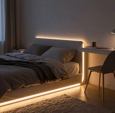 LED strips under bed and desk creating modern mood lighting