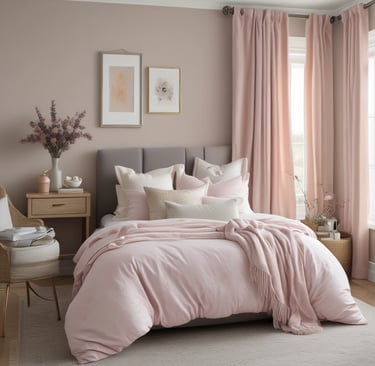 Modern bedroom with blush pink bedding, matching curtains, and minimalist wall art decor.