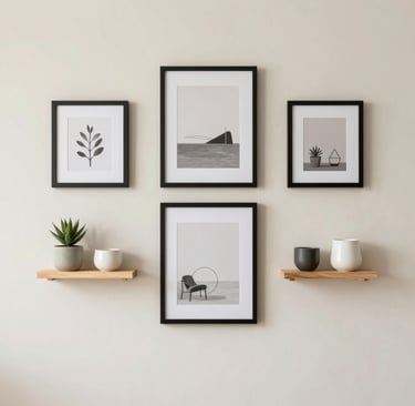 A wall decor setup with framed art, small shelves, and simple personal items arranged symmetrically,