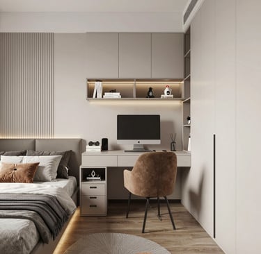 A stylish small bedroom divided into clear zones for sleeping, studying, and gaming.