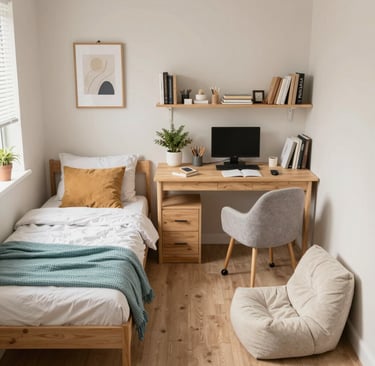 Small modern teen bedroom with a wooden desk, computer, single bed, and minimalist wall decor.