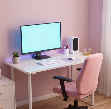 A small gaming inspired bedroom with a tidy desk setup, soft LED lighting glow, comfortable chair, a
