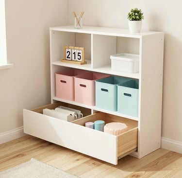 A small bedroom with smart storage solutions, under bed drawers, wall shelves, and storage boxes, al