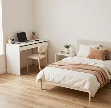 A small bedroom with a smart furniture layout, bed placed against the wall, compact desk in a corner