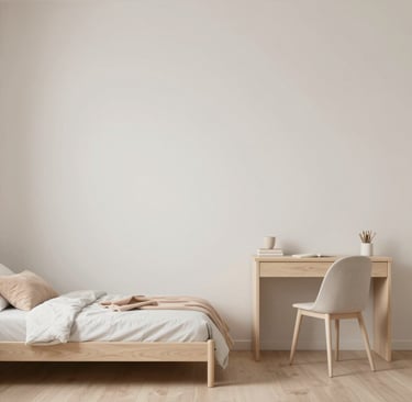 A minimalist teen bedroom with clean lines, neutral pastel tones, low bed, simple desk, and almost n
