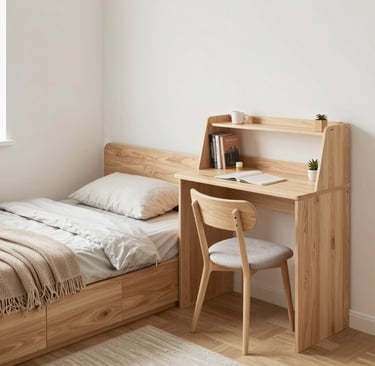 Small room with multi function furniture like storage bed and compact desk maximizing space.