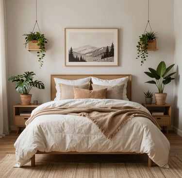 A cozy boho style bedroom with layered textiles, plants, and textured decor, warm and inviting feel