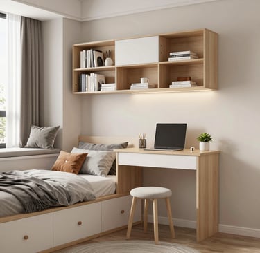 A stylish small teenage bedroom with a compact layout, featuring a bed with storage drawers, a wall