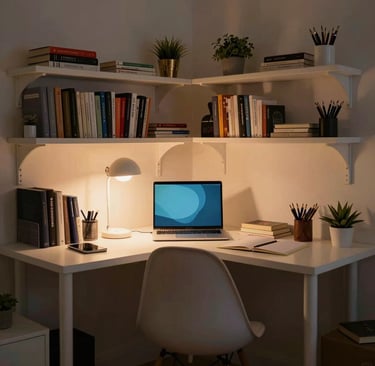 Cozy study setup with soft lighting, chair, and shelves for books and supplies