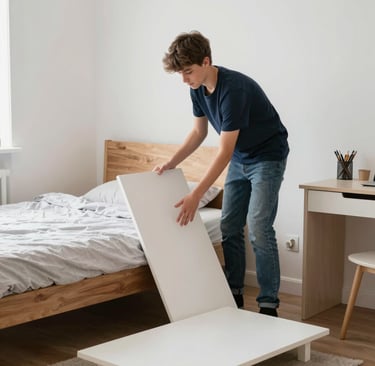 Teen arranging furniture pieces in a small room, moving bed and desk to optimize space and layout