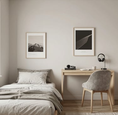 Minimalist teen bedroom with neutral tones, clean bed, desk, and subtle personal touches like poster