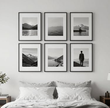 Poster wall with framed prints arranged in a clean grid above the bed