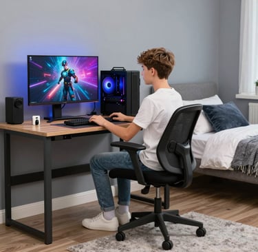 A clean and minimal teen boy room with neutral colors, wall storage, and simple furniture, showing a