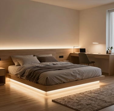 Bedroom with LED strip lighting under bed and behind desk creating ambient glow