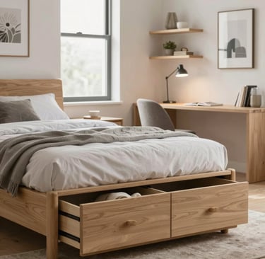 Close-up composite scene showing bed with storage drawers, desk by window, floating shelves, framed 