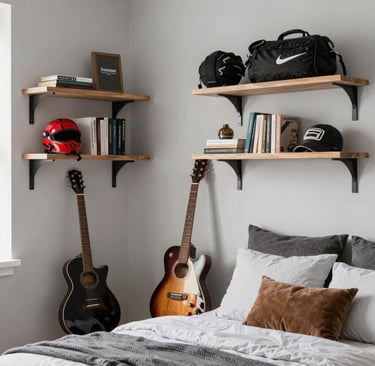 Bedroom showcasing hobbies like guitar, sports gear, and books on shelves.