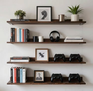 Wall with floating shelves holding books, decor, and gaming accessories
