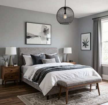 A completed styled bedroom showing layered decor, furniture, and final arrangement