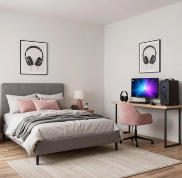 A blended theme bedroom combining gaming and music elements in a clean layout, soft lighting, pastel
