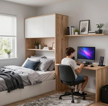 Teen studying at a clean desk with good lighting, organized space improving focus and calm environme