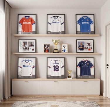 A cozy sports themed bedroom with neatly displayed jerseys, framed photos, and a few trophies on she