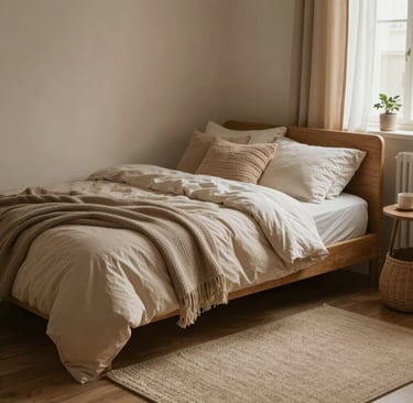 A cozy relaxation corner with soft bedding, rug, and warm lighting, showing comfort and a peaceful