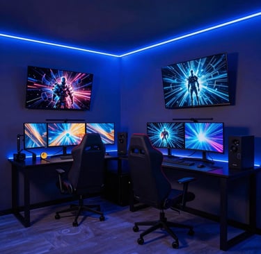 Gaming themed room with LED lights, modern desk setup, and immersive layout