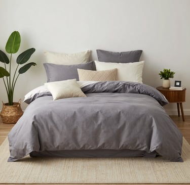 A bed styled with layered bedding, pillows, and a rug, combined with small plants and accessories