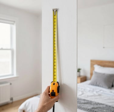 person measuring a bedroom using a tape measure, with visible markings for walls, windows.