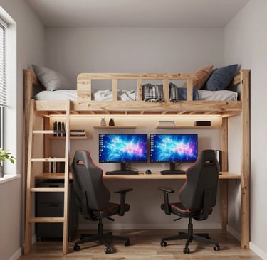 A modern teenage boy bedroom in a compact space, showing a loft bed, gaming desk with dual monitors.