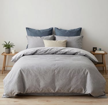 A calm bedroom color palette scene featuring soft grays, muted blues, and light neutrals, styled bed