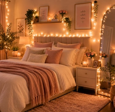 girly bedroom fairy light ideas around mirror and headboard