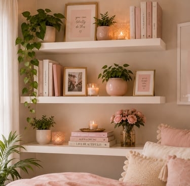 girly bedroom floating shelf ideas with books and decorative objects Caption: Empty space on a shelf