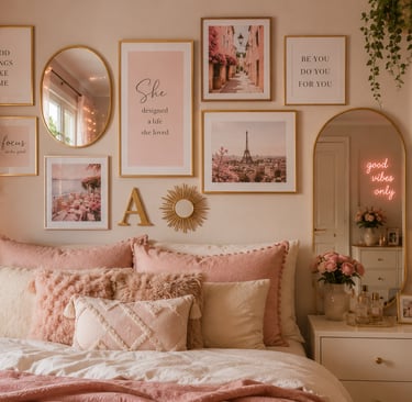 girly bedroom gallery wall ideas with gold frames and art prints